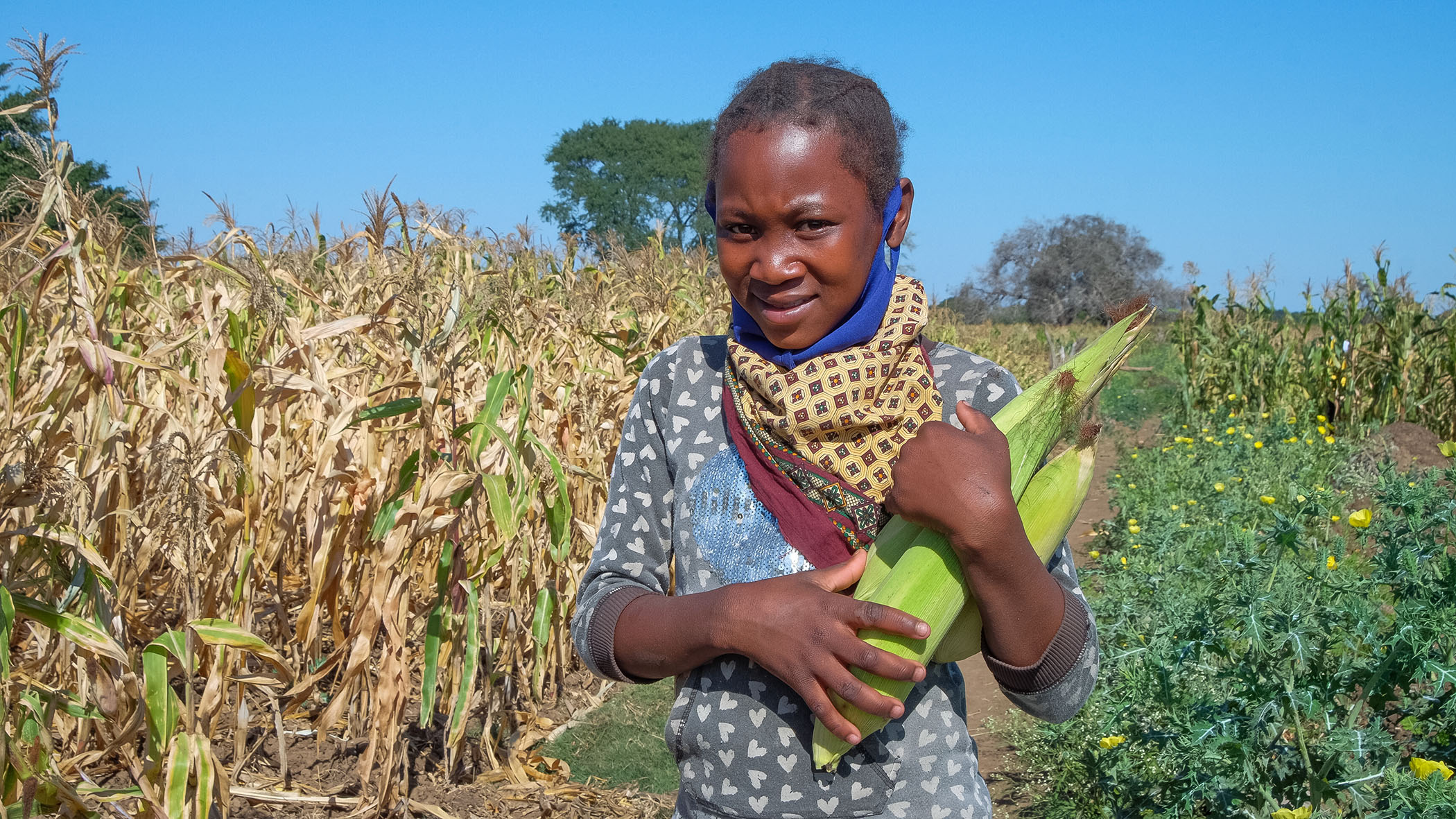 Anatercia carries corn next to her fields in Mozambique
