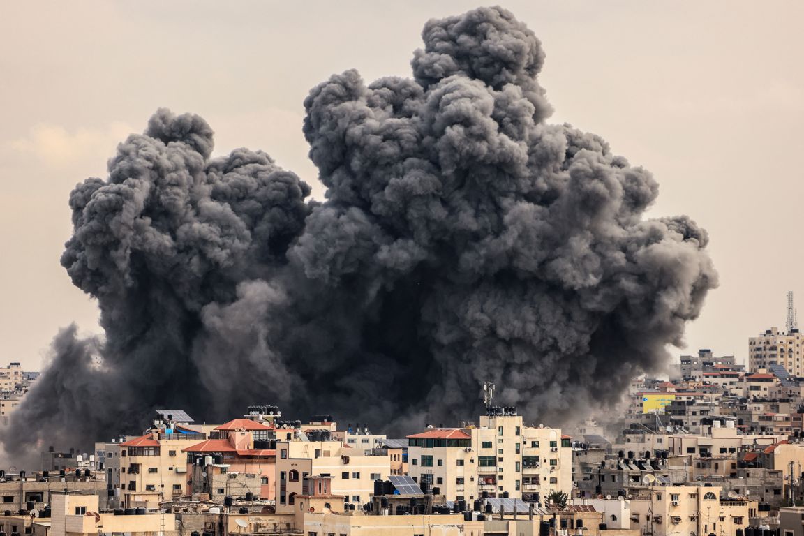 A Plume Of Smoke Rises In The Sky Of Gaza City During An Israeli Airstrike On October 9, 2023. Photo MAHMUD HAMSAFP Via Getty Images