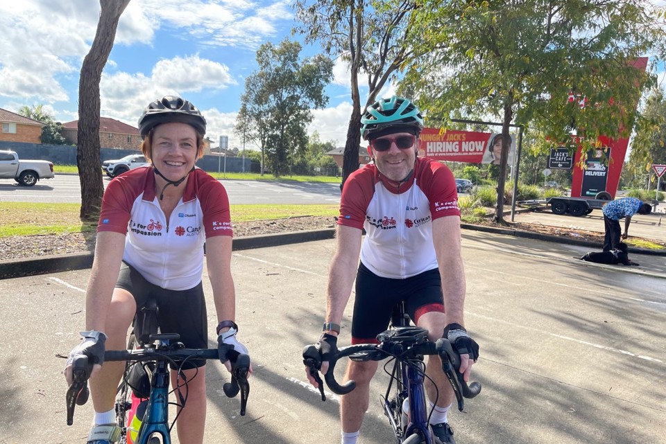 Kirsty Robertson and Richard Landels (L-R) on the first day of the Cycle to End Poverty bike trip.